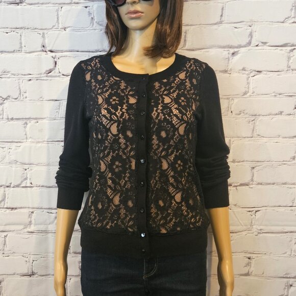 BANANA REPUBLIC black knit wool blend cardigan with front lace detailing - Picture 7 of 12